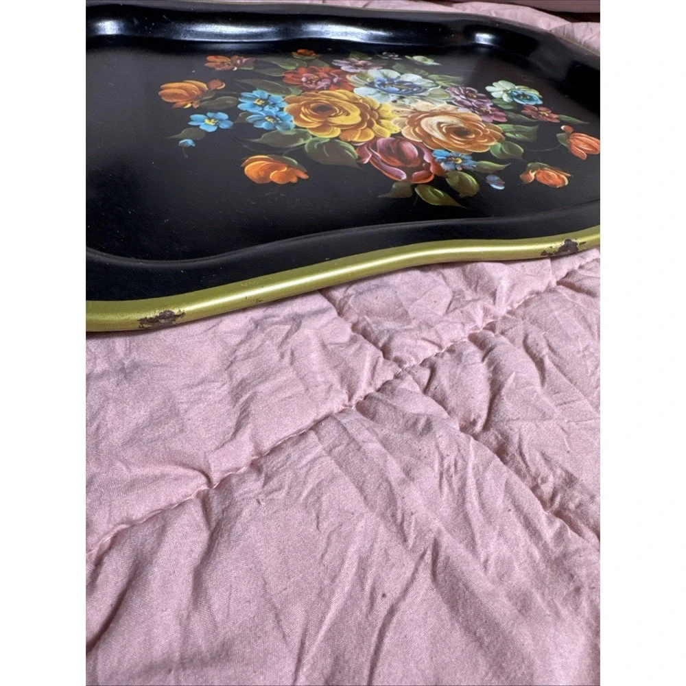 Vintage Black Metal Tray Colorful Roses Floral Table Sitter Or Mount To Wall